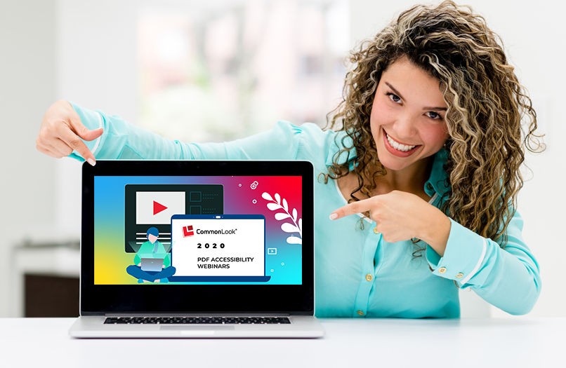 Smiling hispanic woman points at a laptop screen displaying CommonLook''s Webinar series banner