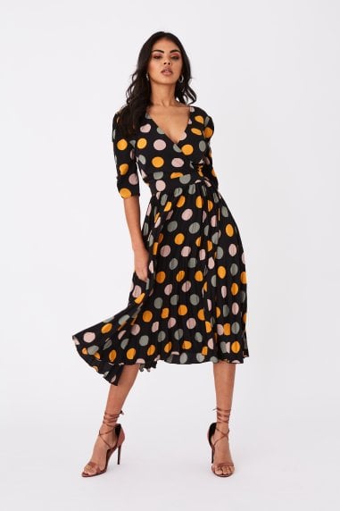 Pasco Black Spot-Print Pleated Midi Dress