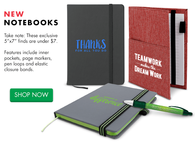 NEW Notebooks: Take note: These exclusive 5”x7” finds are under $7.  Features include inner pockets, front, back a page markers, pen loops and an elastic bands.