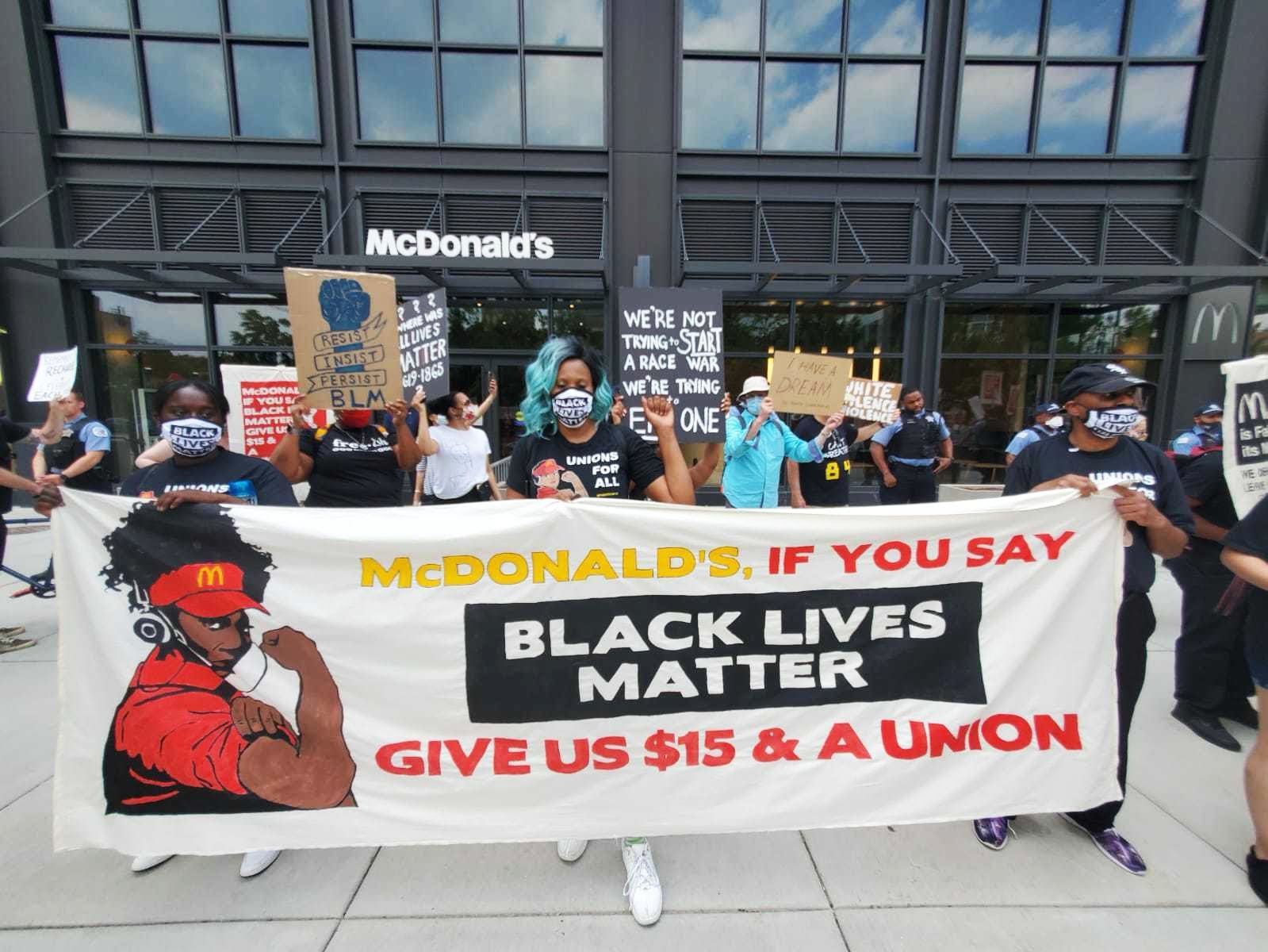 Protesters outside a McDonald''s.