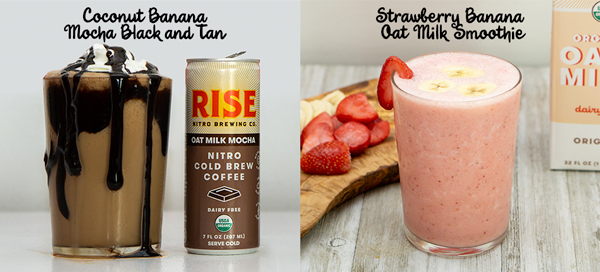 Photos of the Coconut Banana Mocha Black and Tan drink, and the Strawberry Banana Oat Milk Smoothie.