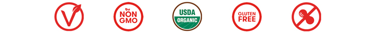 Icons: vegan, non-gmo, USDA organic, Gluten free, no nuts