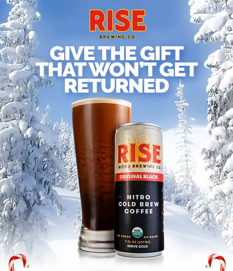 Give the gift that won''t get returned. Image of RISE can and glass on a snowy mountain.