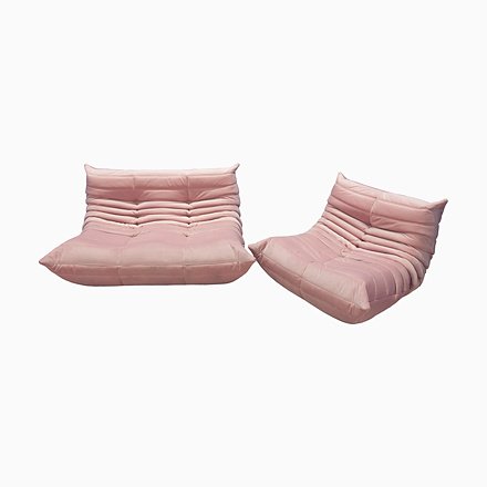 Image of Pink Velvet Togo Sofas by Michel Ducaroy for Ligne Roset, 1970s, Set of 2
