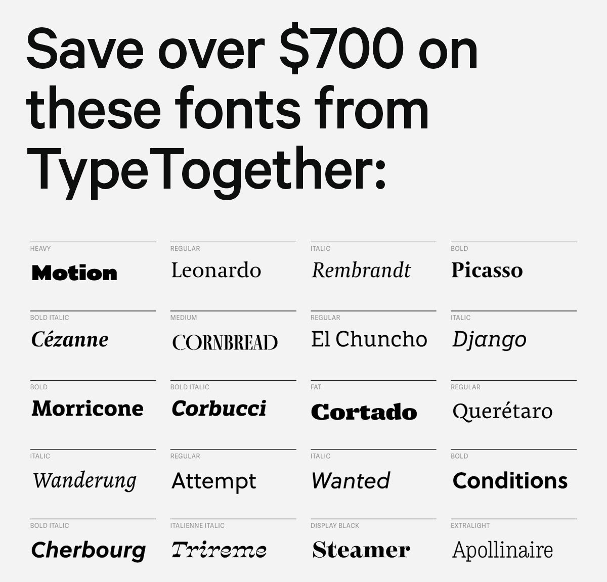 Save over $700 on these fonts from TypeTogether: