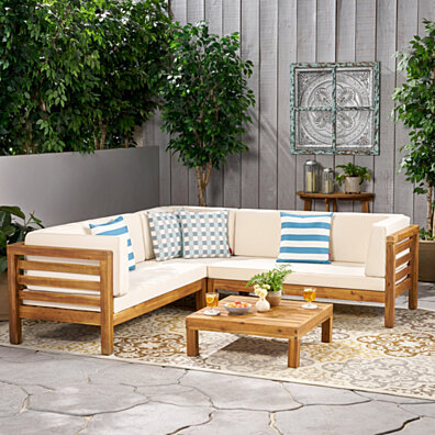 Ravello 4 Piece Outdoor Wooden Sectional Set w/ Dark Grey Cushions