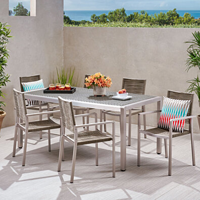 Lillian Outdoor Modern 6 Seater Aluminum Dining Set with Wicker Table Top