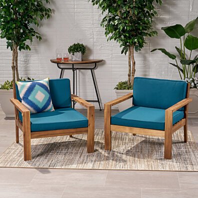 Afra Outdoor Acacia Wood Club Chairs with Cushions (Set of 2)