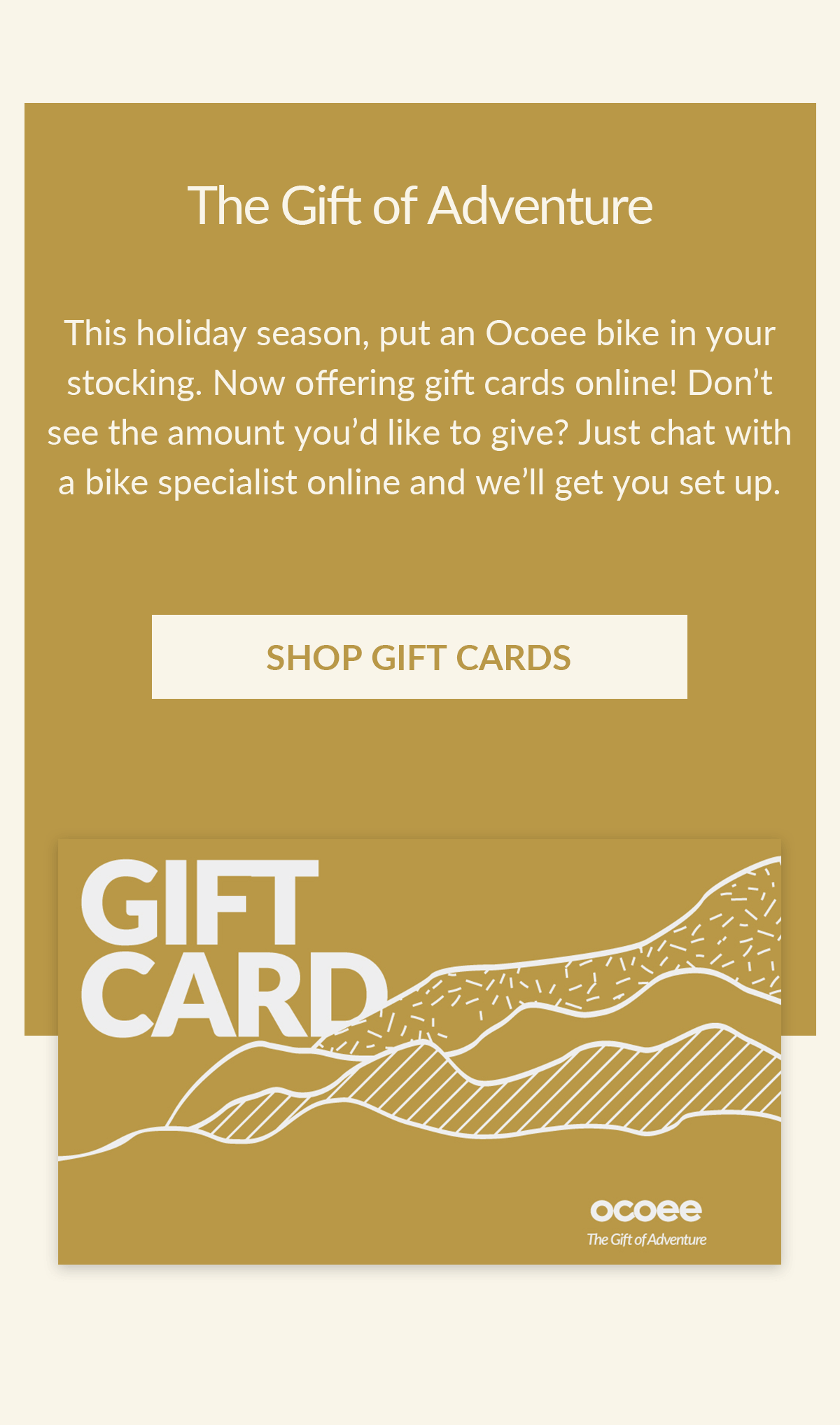 Give the gift of adventure this holiday season. Gift cards are available now online! Don't see the amount you'd like to give? Just chat with us online and we'll set you up.