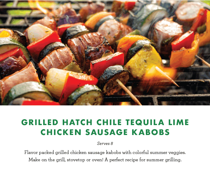 Grilled Hatch Chile Tequila Lime Chicken Sausage Kabobs - Serves 8 - Flavor packed grilled chicken sausage kabobs with colorful summer veggies. Make on the grill, stovetop or oven! A perfect recipe for summer grilling.