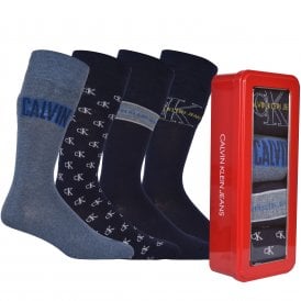 Jeans 4-Pack Multi Logo Socks Gift Tin, Navy/Blue