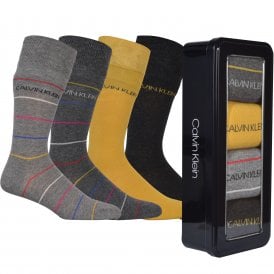 4-Pack Stripes & Solids Socks Gift Tin, Charcoal/Yellow/Grey