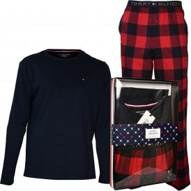 Long Sleeve Jersey & Flannel Check Pyjamas Gift Set, Navy/Red