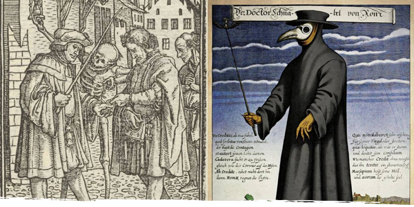 Old illustrations of men in medieval dress with a skeleton, and a plague doctor in a long black cloak