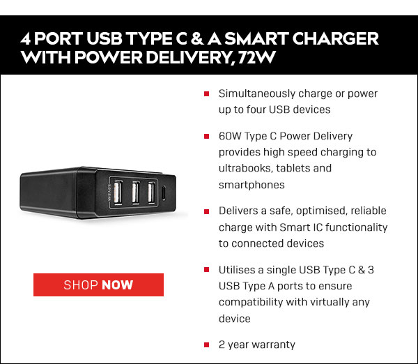 4 Port USB Type C & A Smart Charger with Power Delivery, 72W