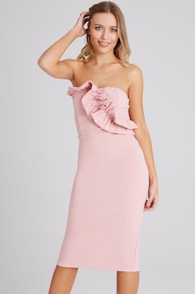 Halcyon Dusty Pink Frill Midi Bandeau Dress