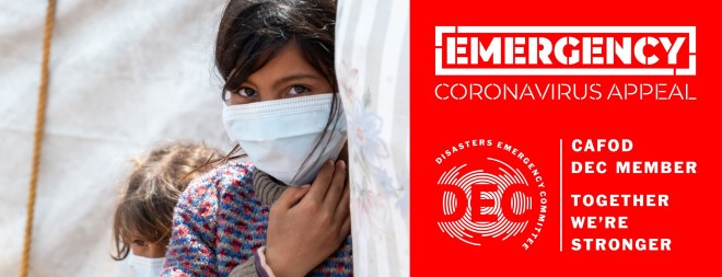 A young girl in Syria wears a facemask. CAFOD joins the DEC Emergency Coronavirus Appeal.