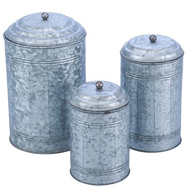 Galvanized Metal Lidded Canister With Oxidized Ball Knob, Set of Three, Gray
