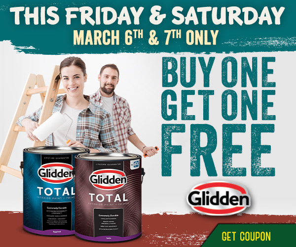 BOGO Glidden Total Paint + Primer on March 6 & 7