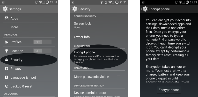 Screenshot of the encryption process on Android.