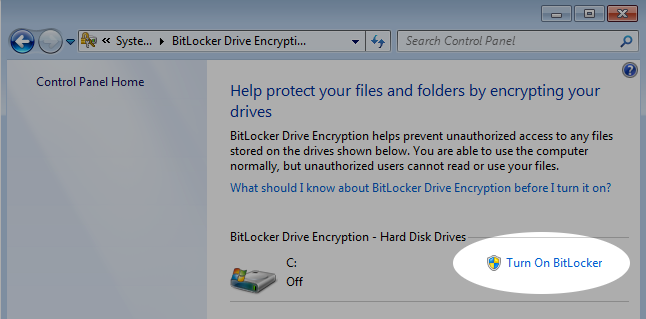 Screenshot of the BitLocker setting on Windows 7.
