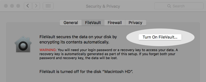 Screenshot of the FileVault setting on macOS.