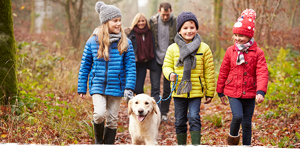 Family and dog walking in a woods