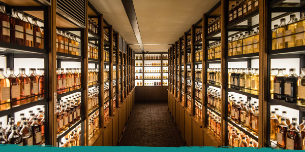 Room full of whisky cabinets storing different types of Scottish whiskies