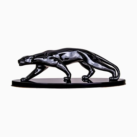 Image of Art Deco French Black Ceramic Panther Sculpture, 1940s