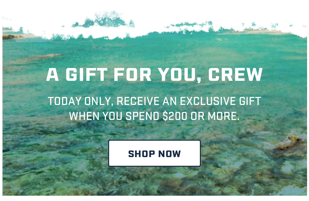 

A GIFT FOR YOUR, CREW

TODAY ONLY, RECEIVE AN EXCLUSIVE GIFT
WHEN YOU SPEND $200 OR MORE.

[ SHOP NOW ]

									