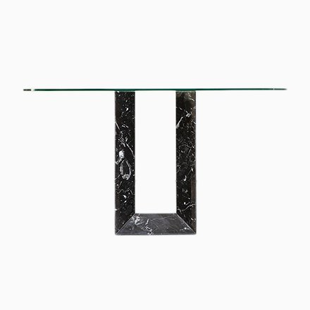 Image of Italian Marquina Marble Console with Glass Top from Fontana Arte, 1980s
