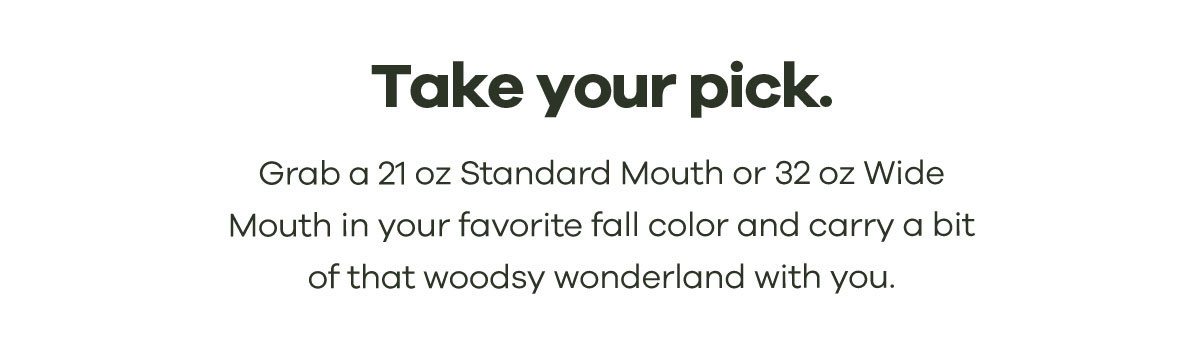 Take your pick. Grab a 21 oz Standard Mouth or 32 oz Wide Mouth in your favorite fall color and carry a bit of that woodsy wonderland with you.