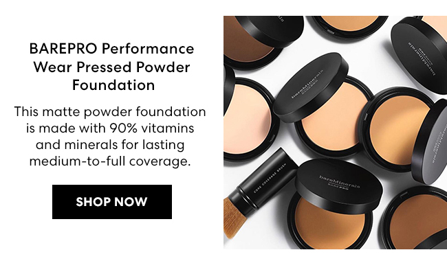 BAREPRO Performance Wear Pressed Powder Foundation - This matte powder foundation is made with 90% vitamins and minerals for lasting medium-to-full coverage. SHOP NOW