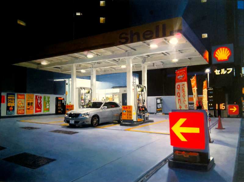 ''Shell Tokyo 20 Minutes'' <br>mixed media on cardboard panel, 28 x 38 cm