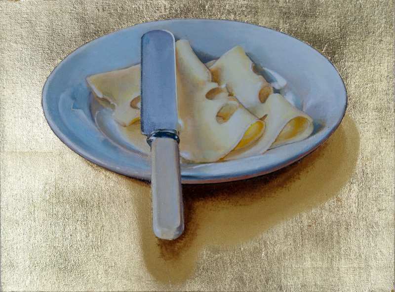 ''Plate of Cheese'' metal leaf and acrylic on canvas, 30 x 40 cm