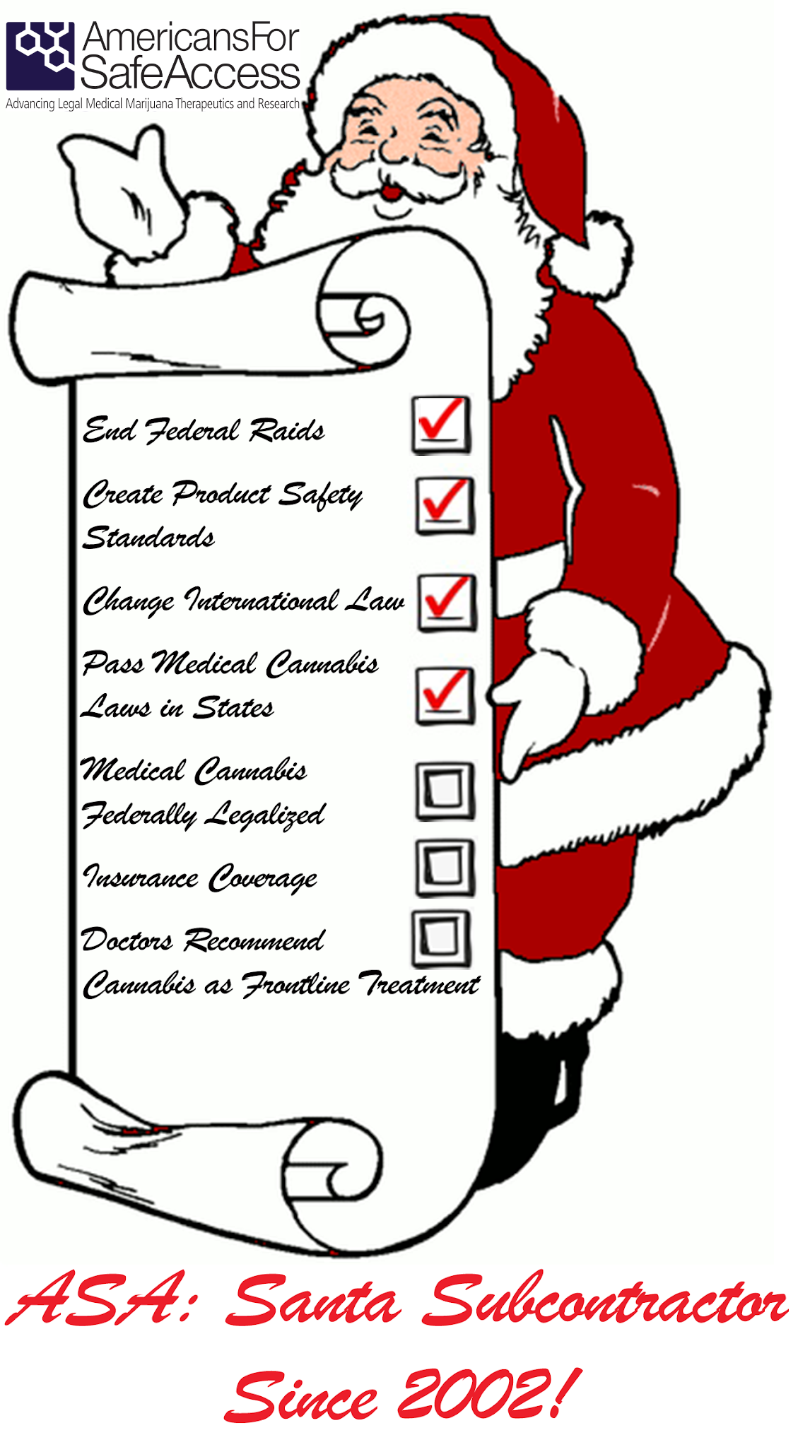 A picture of Santa Claus holding a list of accomplishments. End

Federal Raids, Create Product Safety Standards, Change International

Law, Pass Medical Cannabis Laws in States, are all checked items.

Medical Cannabis Federally Legalized, Insurance Coverage, and Doctors

Recommend Cannabis as Frontline Treatment, remain unchecked.