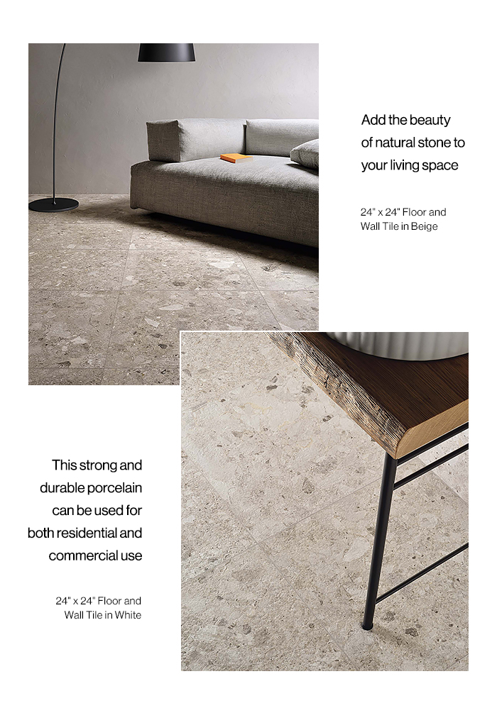 Add the beauty of natural stone to your living space. This strong and durable porcelain can be used for both residential and commercial use. Frammenta 24in x 24in Floor and Wall Tile in Beige and White.