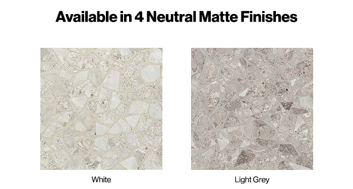Available in 4 Neutral Matte Finishes. Frammenta in White and Light Grey.