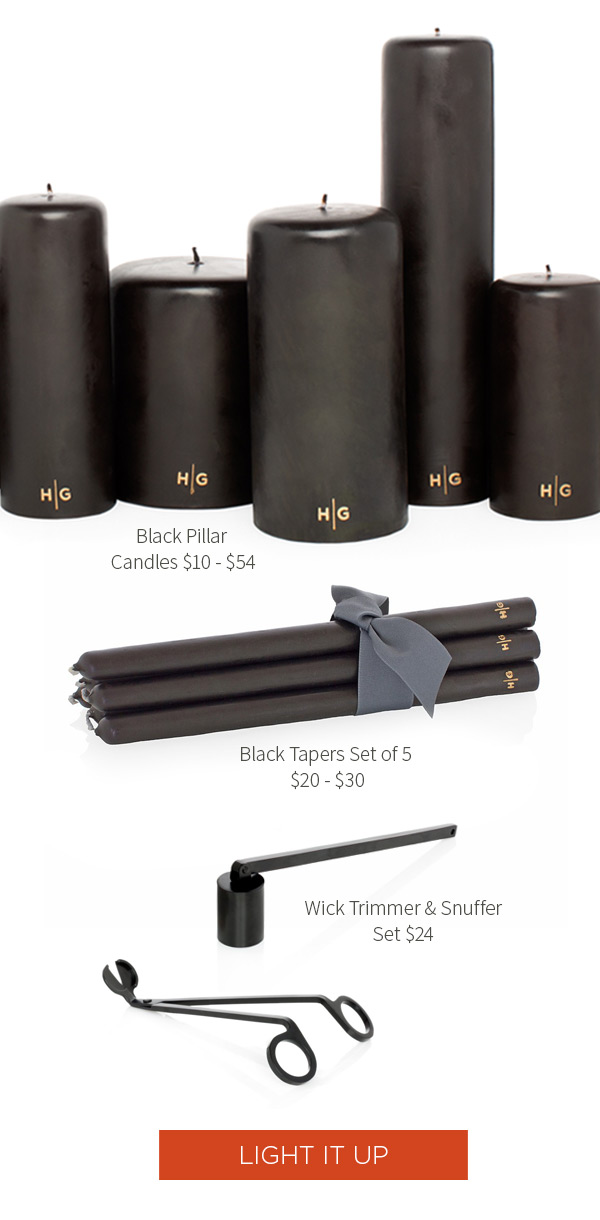 Black Pillar Candles $10 - $54 . Black Tapers Set of 5 $20 - $30 . Wick Trimmer & Snuffer Set $24