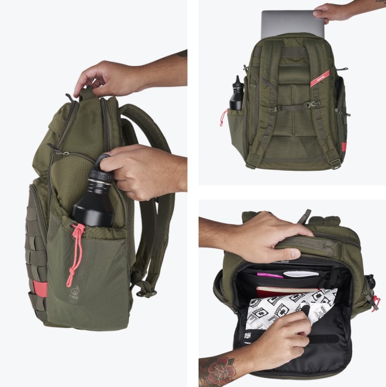 Close up shots of features and man modelling the 320 backpack