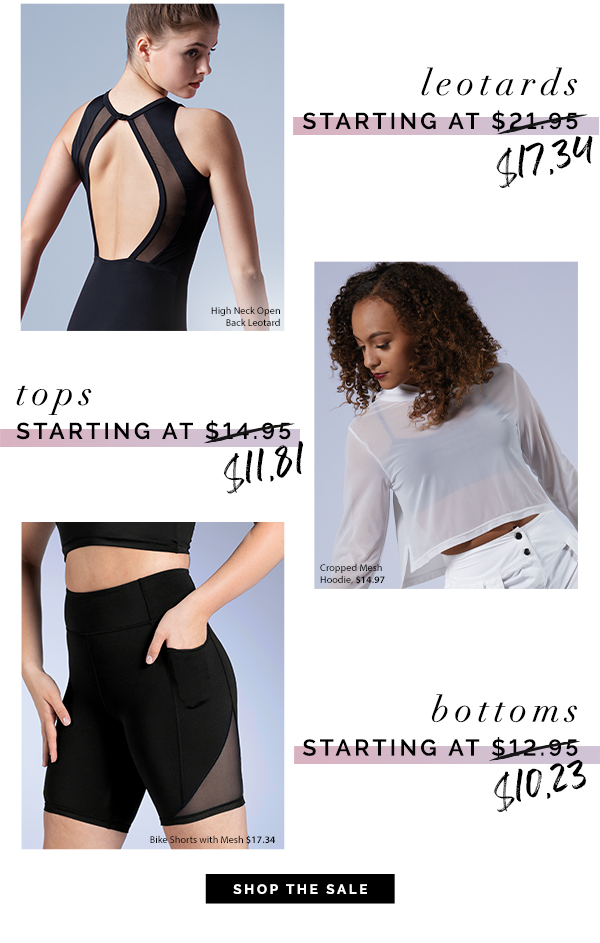 Leotards starting at $17.34. tops starting at $11.81. bottoms starting at $10.23. shop the sale