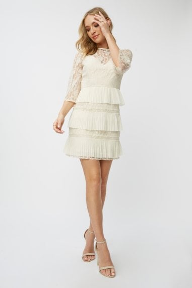 Teigen Cream Lace Tiered Mini Shift Dress