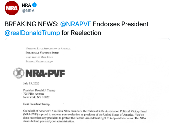 Tweet from the NRA at 9AM this morning July 15, 2020. "Breaking News: @NRAPVF Endorses President @realDonaldTrump for Reelection"