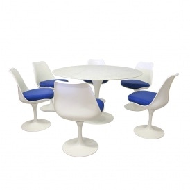 Tulip Style Set - Marble Large Circular Table with Six White and Blue Side Chairs