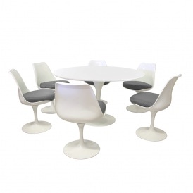 Tulip Style Set - White Large Circular Table with Six White and Grey Side Chairs