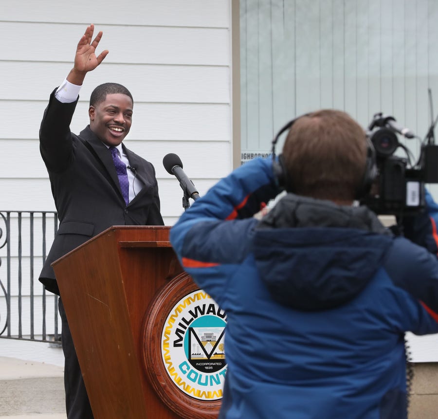 Crowley waves to his supporters after being sworn in. Milwaukee County Judge Joe Donald swore in the new County Executive, David Crowley in front of Crowley''s home at 3737 North 77th Street in Milwaukee.  Surrounded by family, friends and neighbors he took the oath of office in his front yard and then addressed those assembled.