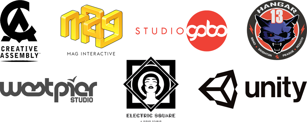 Logos: Creative Assembly, MAG Interactive, Studio Gobo, Hangar 13, West Pier Studio, Electric Square, Unity Technologies