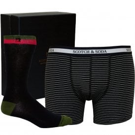 Luxury Gift Box Set with Striped Boxer Briefs and Jacquard Socks, Navy/Blue