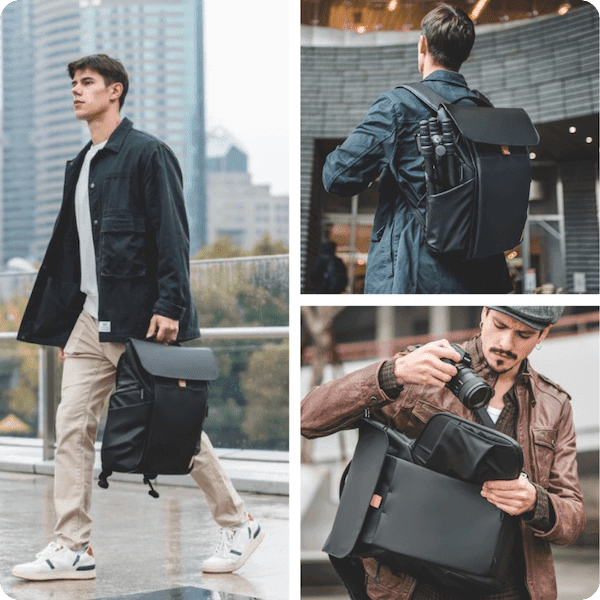 OneGo camera bag is comfortable, breathable, & stylishly functional with organized storage