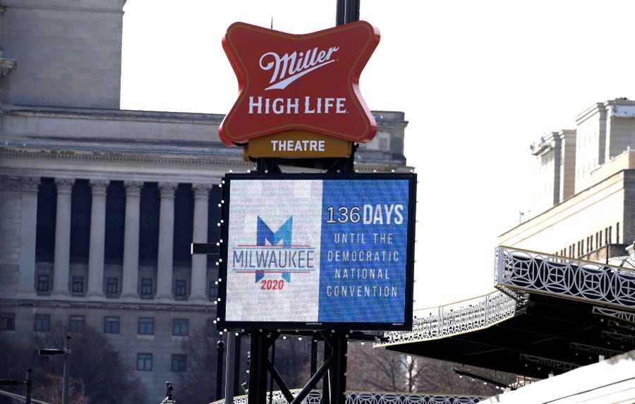 Signage at the Milwaukee Theater counts down the new number of days since Thursday's announcement that the 2020 Democratic National Convention in Milwaukee is pushed back from mid-July to the week of Aug. 17. But everything else remains in flux with the 2020 Democratic National Convention in Milwaukee.